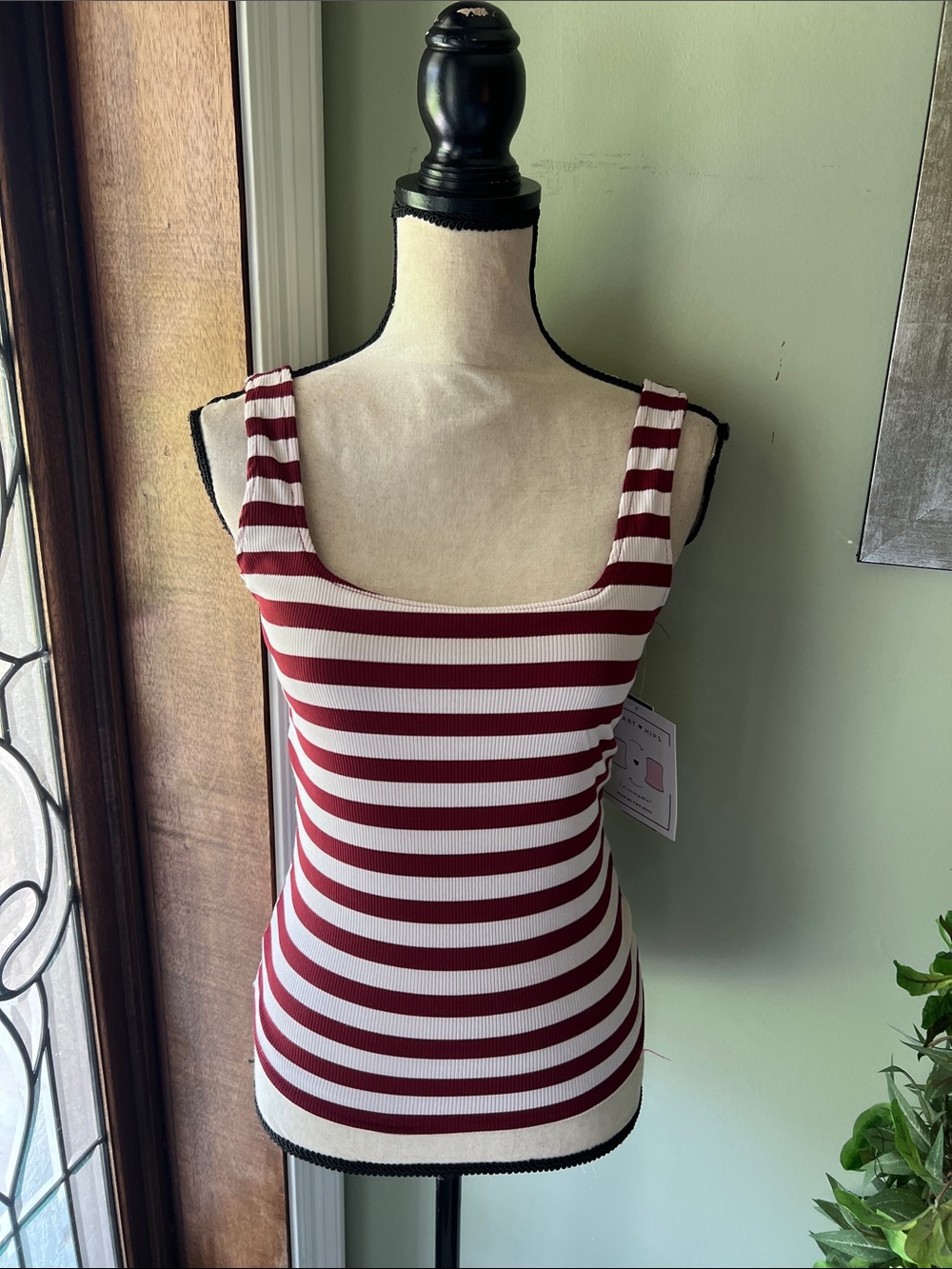 Heart Hips Striped Ribbed Tank - Burgundy & White